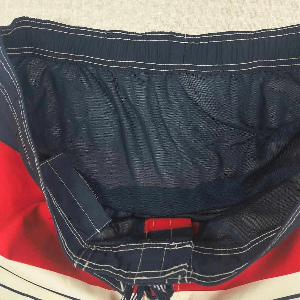 Lands End Mens XL Swim Trunks Board Shorts Red Blue White Striped Colorblock